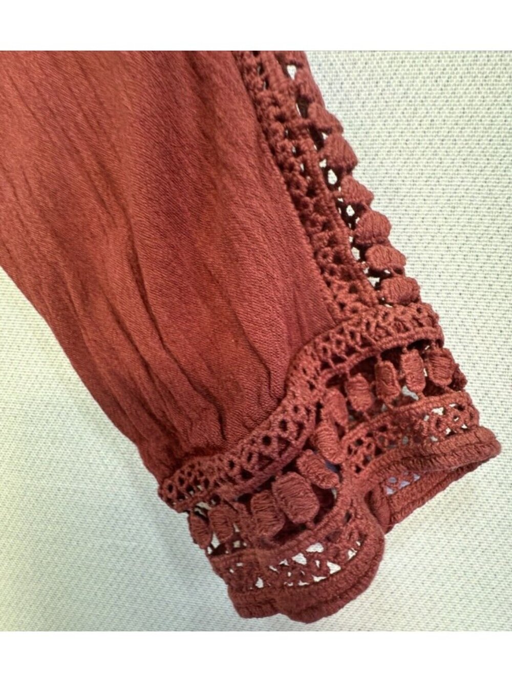 Knox Rose Womens Flowy Boho Peasant Blouse Size Medium Burnt Orange Crochet - Picture 5 of 13